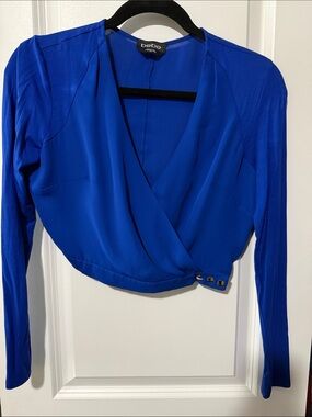 bebe Cobalt Blue Wrap-Front Long Sleeve Blouse